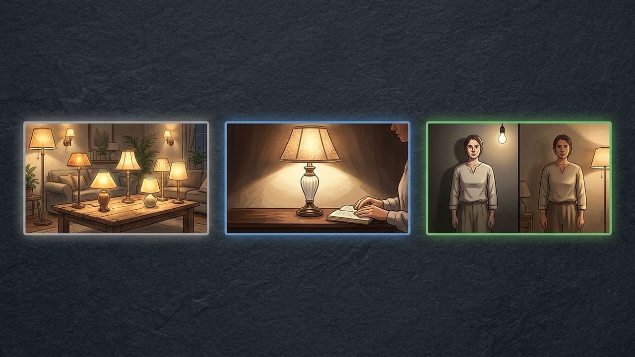 Three video-cover concepts for the same illustrative home-lighting tutorial, shown as bordered frames side by side on a dark slate background: a table of several lamps, a single lamp lighting a subject at a desk, and a two-panel comparison of two lamp placements.