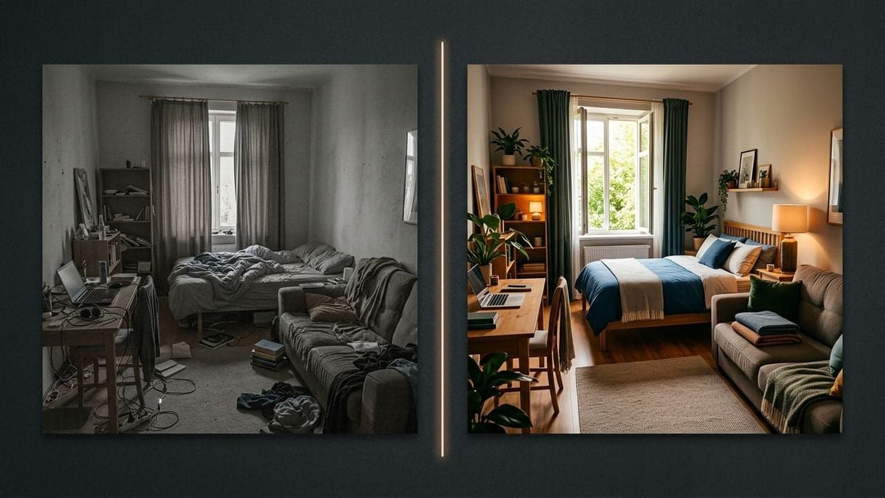 A split panel of the same room photographed twice: on the left dim, grey and cluttered; on the right bright, warm and ordered, with a thin vertical line dividing them.