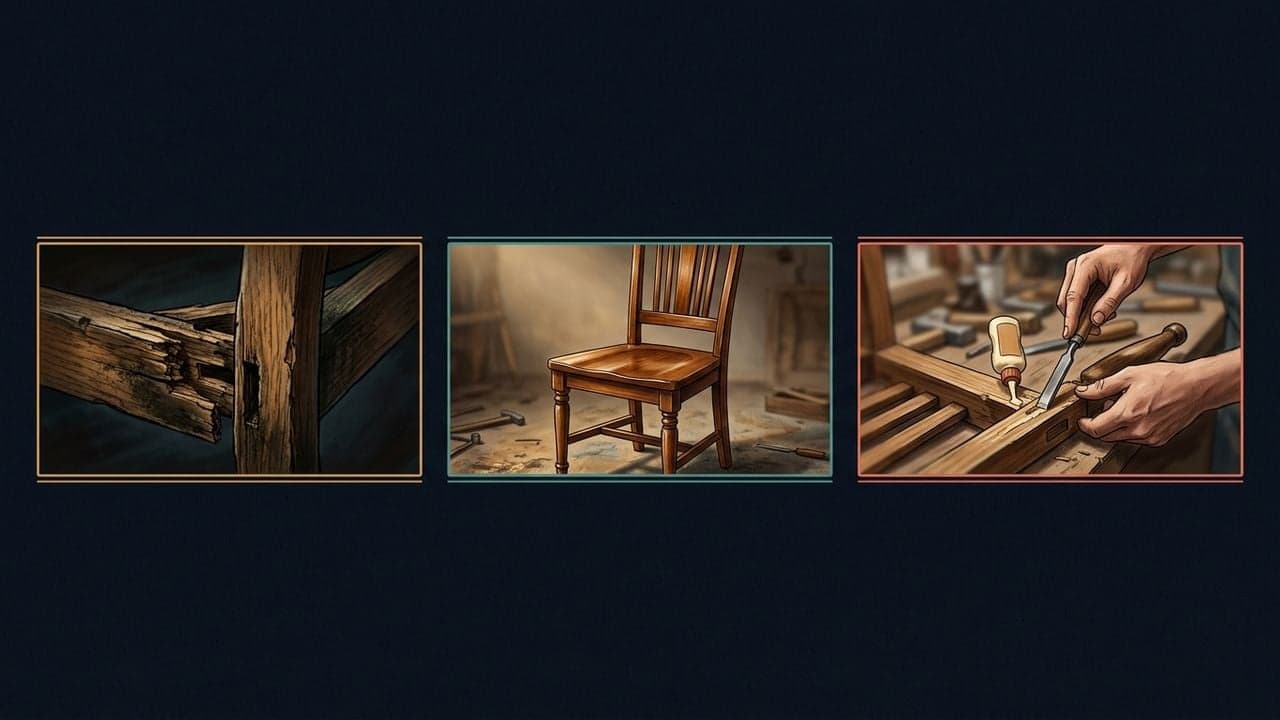 Three video-cover concepts for the same illustrative furniture-restoration video, shown as bordered frames side by side on a dark background: a close-up of a damaged wooden joint, the finished restored chair, and hands repairing a joint mid-process.
