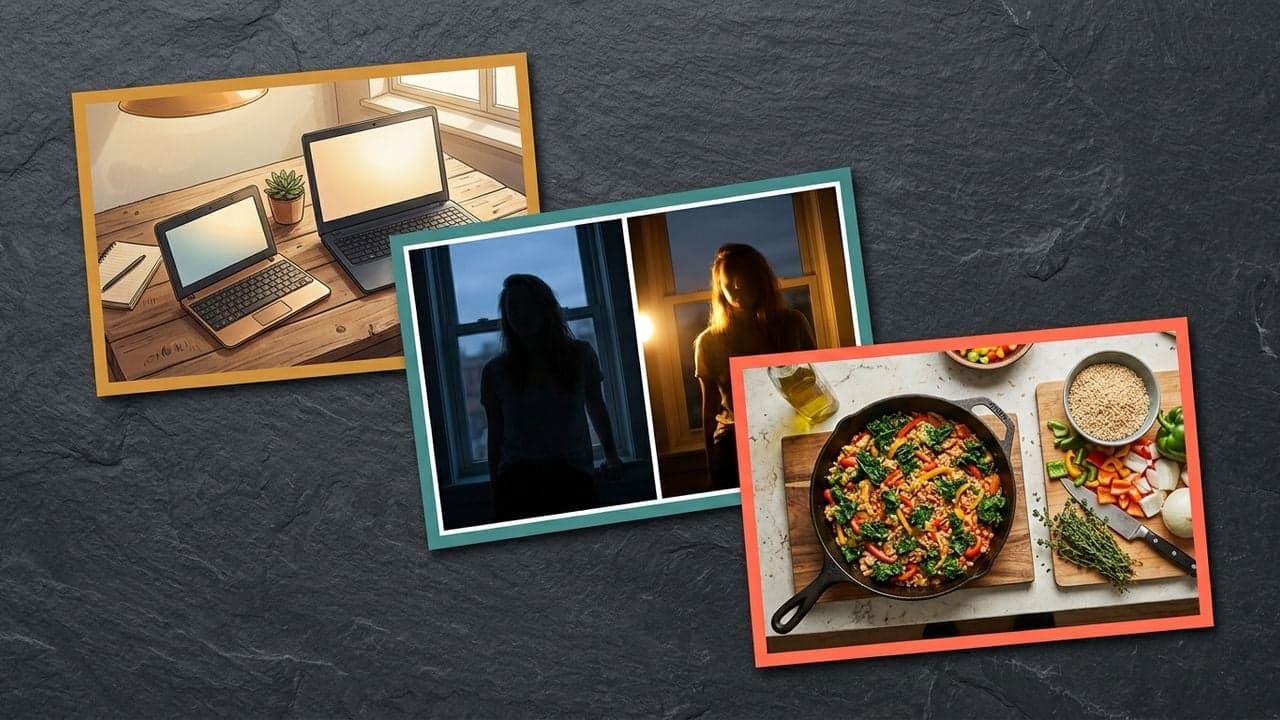 Three video-cover concepts overlapping on a dark slate background: a small laptop beside a full-size one on a wooden desk, a two-panel comparison of the same subject under dim and warm light, and a top-down shot of a cooked skillet dish beside its raw ingredients.
