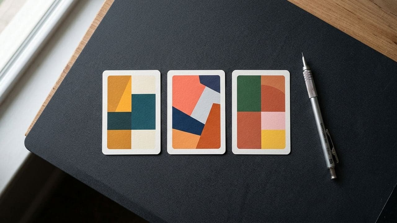 Three small printed cards laid out on a dark desk beside a mechanical pencil, each card carrying a different abstract colour-block pattern in amber, teal, coral and green — standing in for thumbnail concepts rather than depicting any.