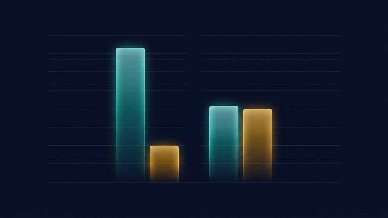 An abstract bar illustration on a dark background: two groups of bars, the left group one tall bar beside a much shorter one, the right group two bars of similar medium height. There are no numbers, axis labels or legends anywhere in the image.
